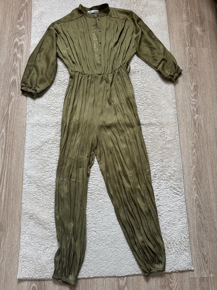 Kadın Haki Uzun  Pilili Tulum - Görsel 2