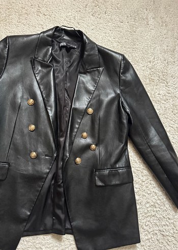 Düğmeli Siyah Deri Kadın Ceket - Görsel 4