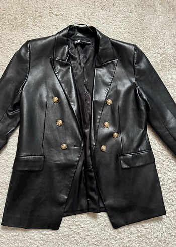 Düğmeli Siyah Deri Kadın Ceket - Görsel 2