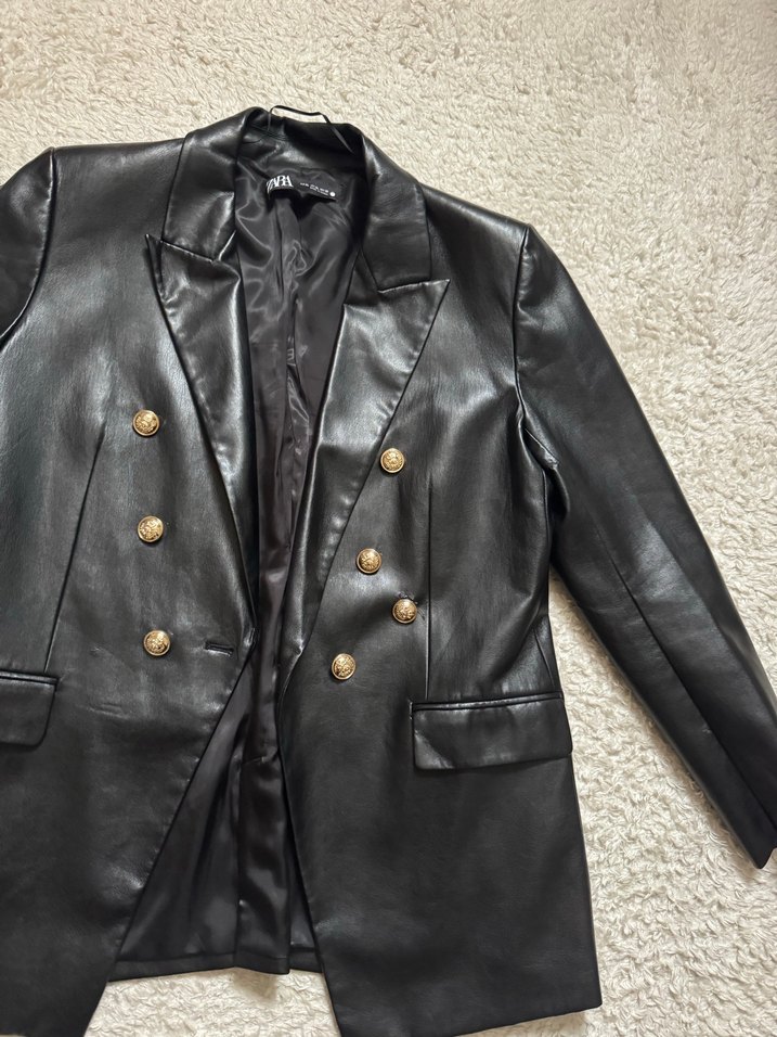 Düğmeli Siyah Deri Kadın Ceket - Görsel 4