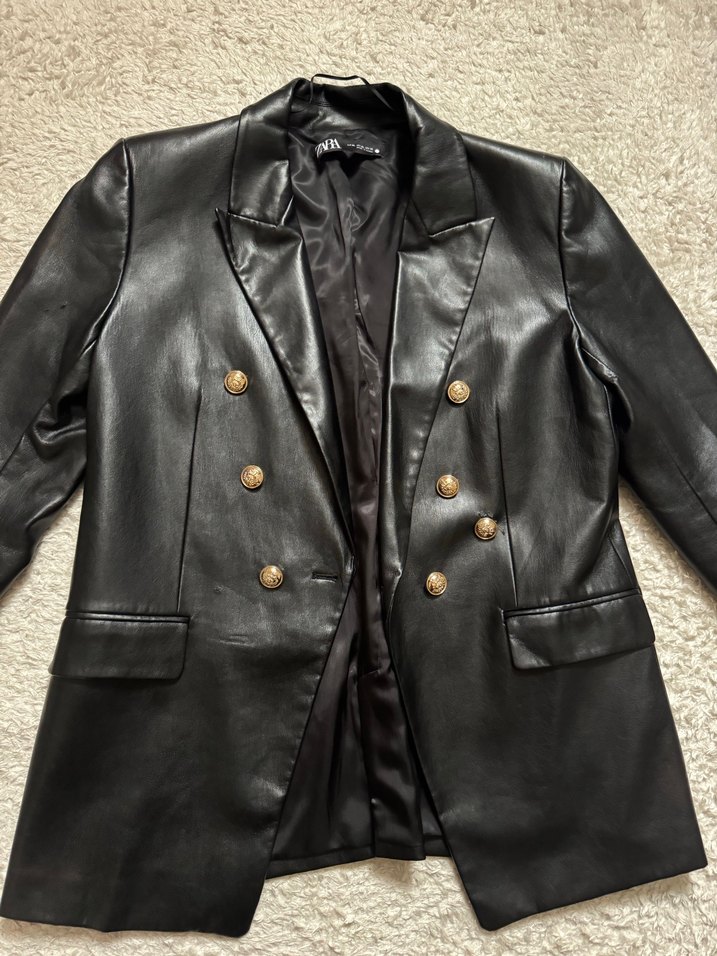 Düğmeli Siyah Deri Kadın Ceket - Görsel 5