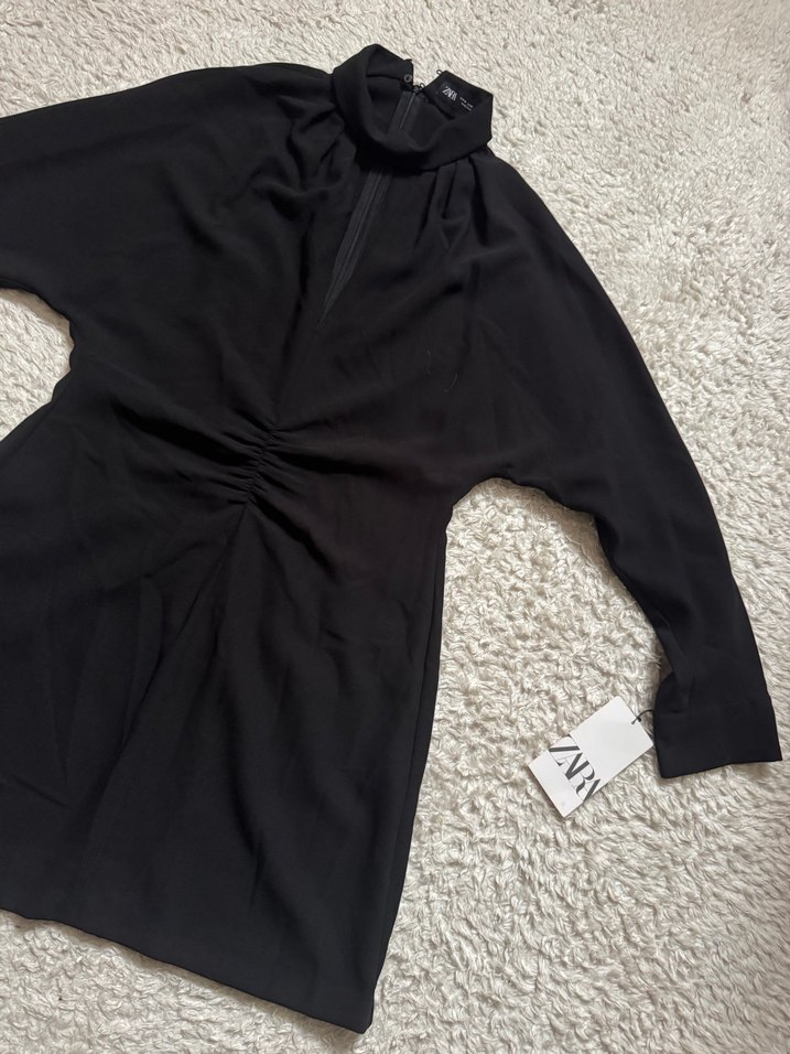 Siyah Drapeli Uzun Kollu Kadın Elbise - Görsel 4