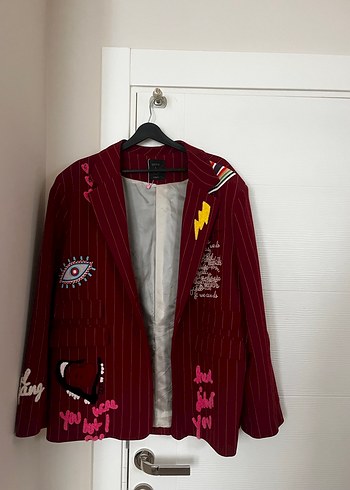 l Beden Bordo Nakışlı Düğmeli Kadın Blazer Ceket