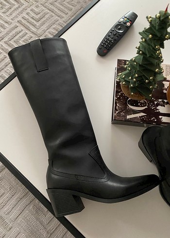 Siyah Deri Dizüstü Topuklu Kadın Çizme - Görsel 4