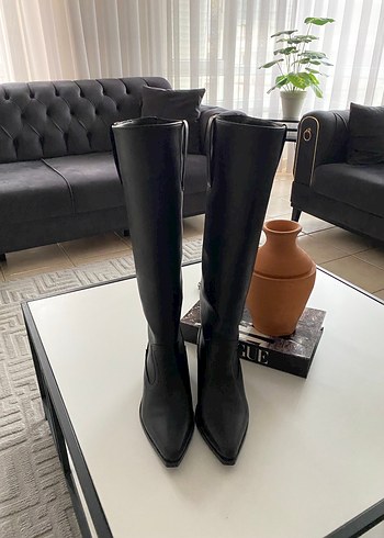 Siyah Deri Dizüstü Topuklu Kadın Çizme - Görsel 3