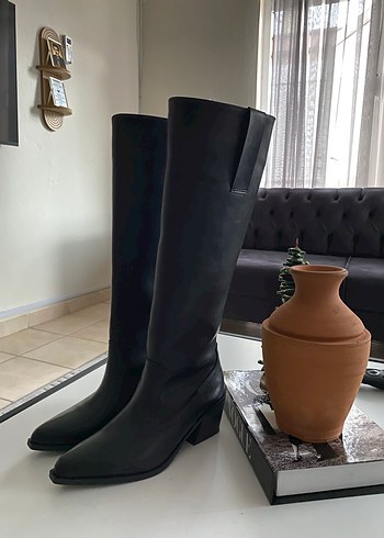 Siyah Deri Dizüstü Topuklu Kadın Çizme - Görsel 2