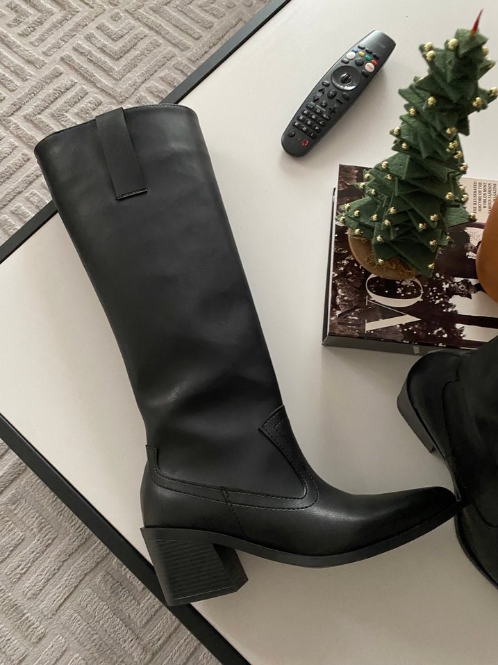 Siyah Deri Dizüstü Topuklu Kadın Çizme - Görsel 4