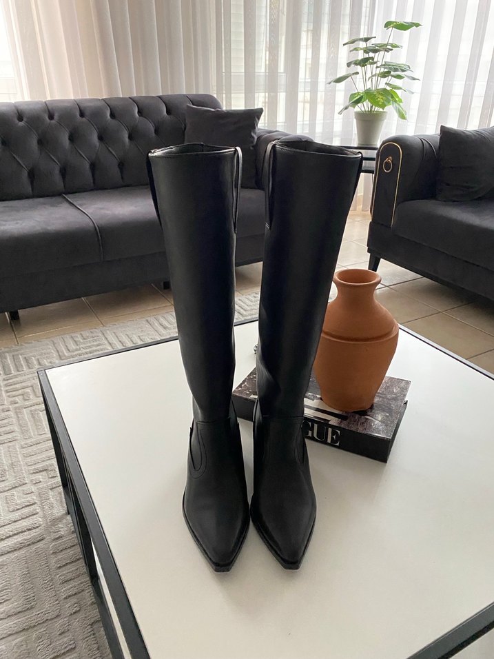 Siyah Deri Dizüstü Topuklu Kadın Çizme - Görsel 3