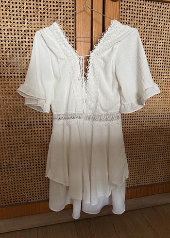 Dantel Detaylı Beyaz Bohem Mini Elbise - Görsel 6