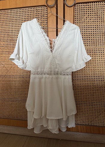 Dantel Detaylı Beyaz Bohem Mini Elbise - Görsel 4