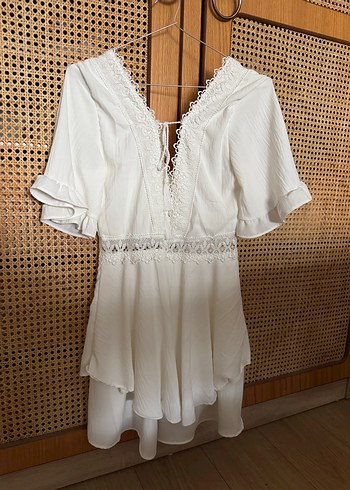 Dantel Detaylı Beyaz Bohem Mini Elbise - Görsel 7