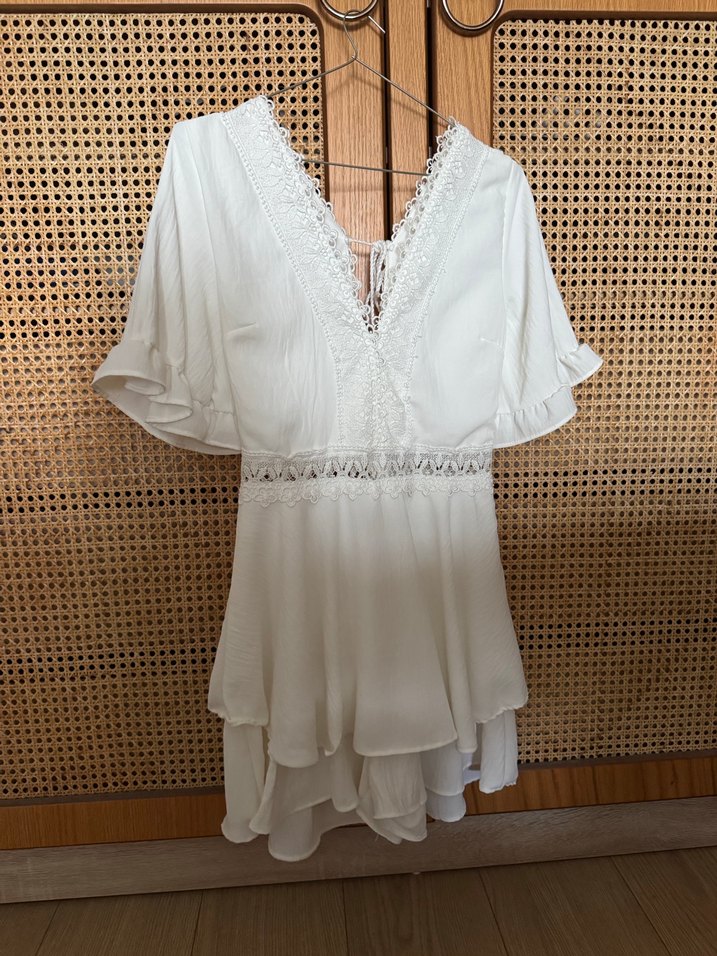 Dantel Detaylı Beyaz Bohem Mini Elbise - Görsel 3