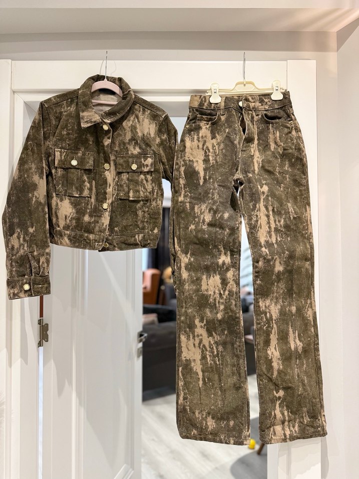 Yeşil bej  Desenli Kadın Denim Takım - Görsel 4