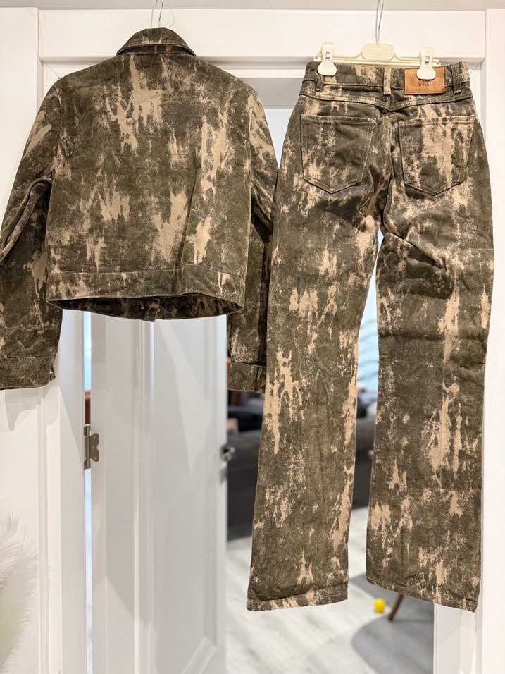 Yeşil bej  Desenli Kadın Denim Takım - Görsel 5