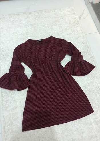 Bordo Mini Kareli Elbise/Tunik - Görsel 2