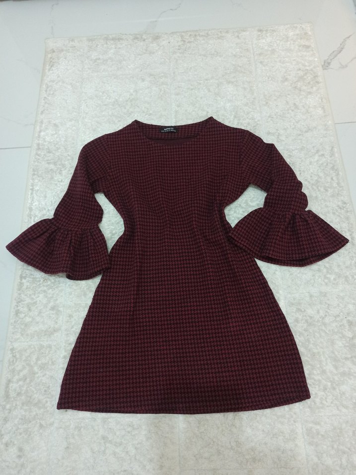 Bordo Mini Kareli Elbise/Tunik - Görsel 4