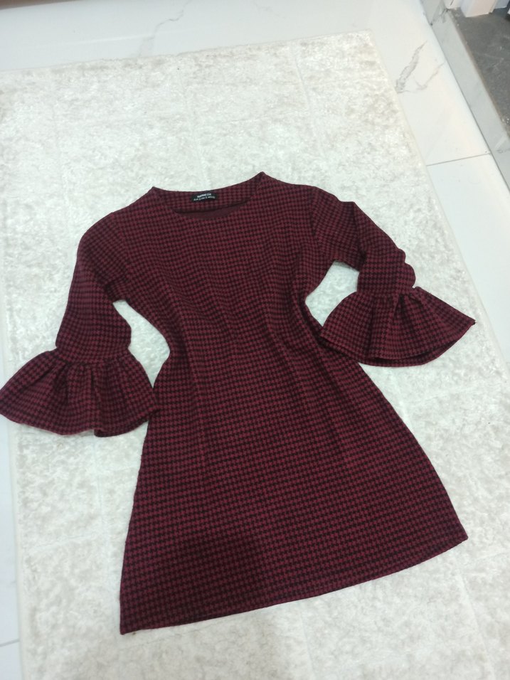 Bordo Mini Kareli Elbise/Tunik - Görsel 2