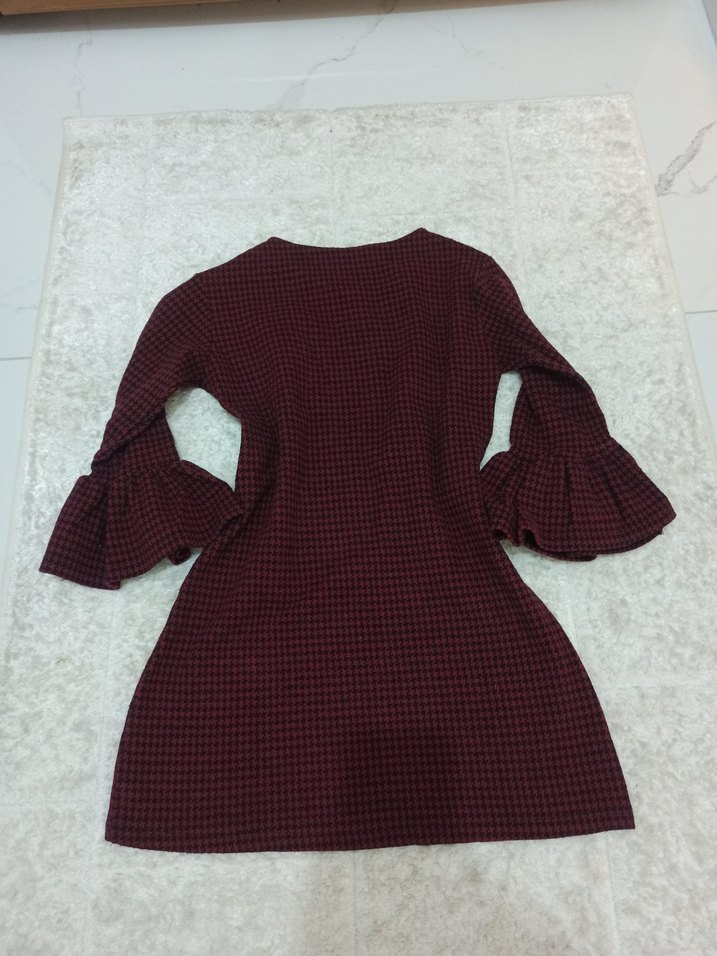 Bordo Mini Kareli Elbise/Tunik - Görsel 3
