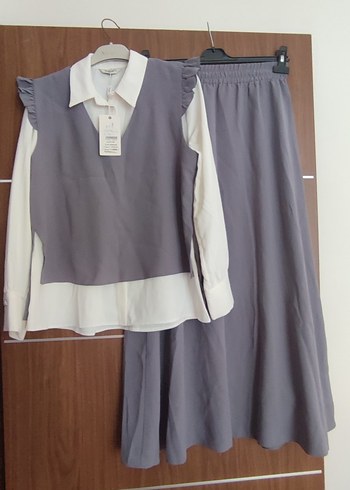 Gri Uzun Kollu V Yakalı Kadın Tunik - Görsel 2