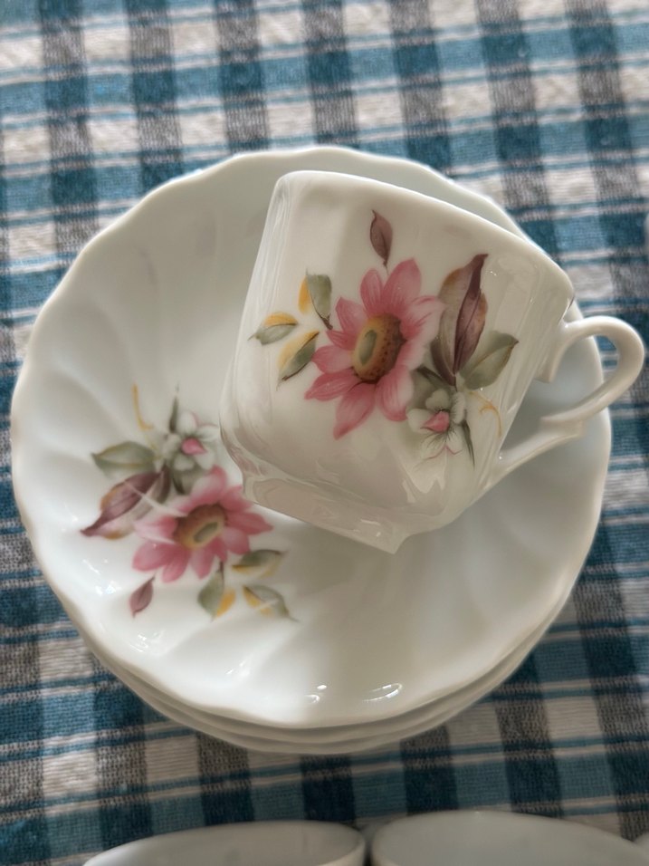 Pembe Çiçek Desenli Beyaz Porselen Fincan Takımı - Görsel 2