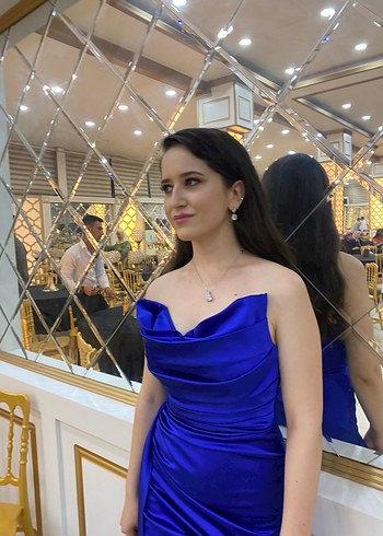 36 Beden SpringStore Kadın Saks Mavi Uzun Saten Abiye