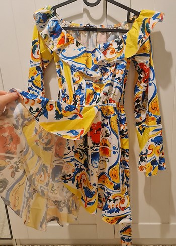 Renkli Drapeli Uzun Kollu Mini Elbise - Görsel 4