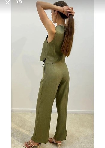 Kemerli Kolsuz Haki Yelekli Kadın Takım - Görsel 3