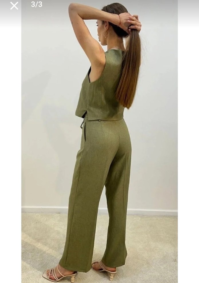 Kemerli Kolsuz Haki Yelekli Kadın Takım - Görsel 3