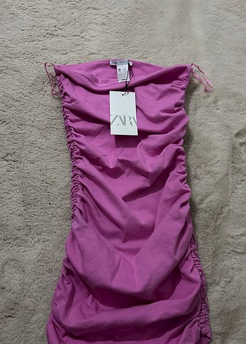 Pembe Drapeli Straplez Mini Elbise - Görsel 3