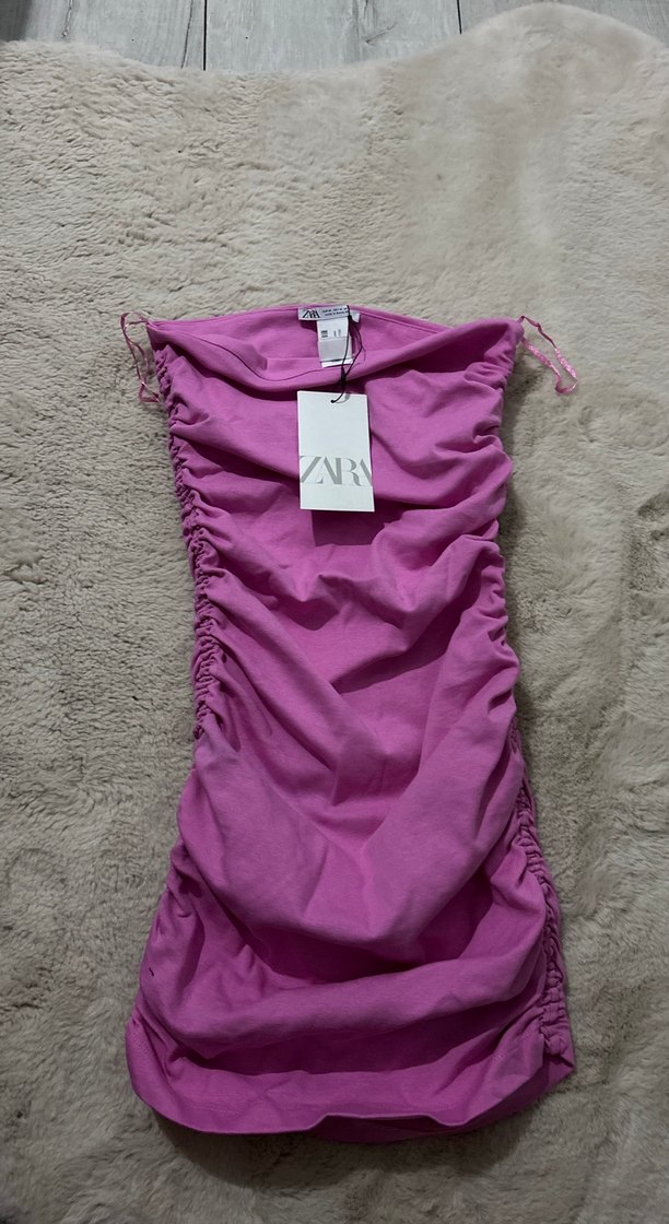 Pembe Drapeli Straplez Mini Elbise - Görsel 3