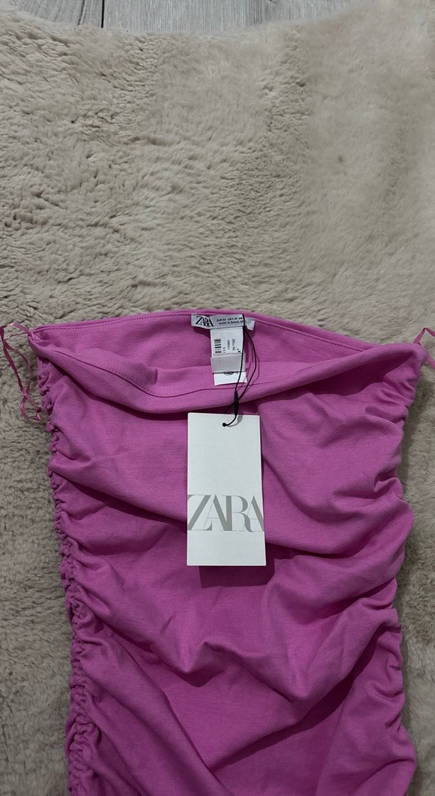 Pembe Drapeli Straplez Mini Elbise - Görsel 2