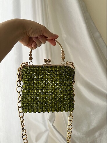 Yeşil elişi boncuk abiye çanta - Görsel 3