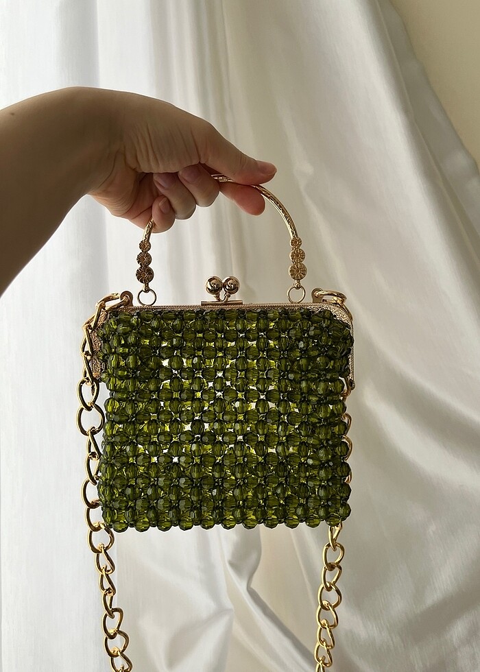 Yeşil elişi boncuk abiye çanta - Görsel 3