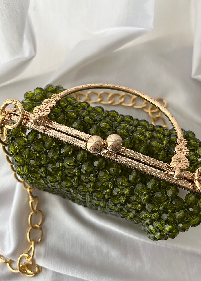 Yeşil elişi boncuk abiye çanta - Görsel 4