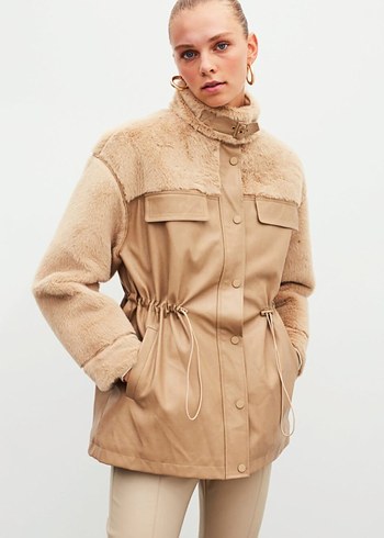 İpekyol Bej Kürklü Deri Kadın Mont - Görsel 4