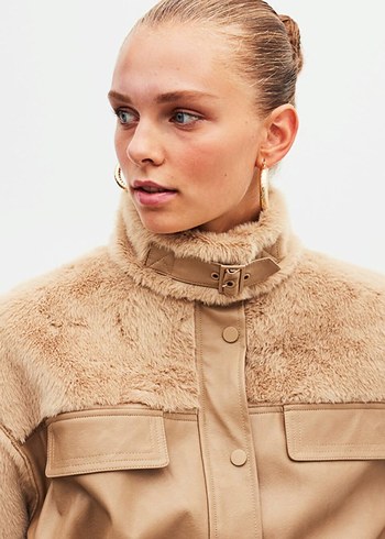 İpekyol Bej Kürklü Deri Kadın Mont - Görsel 2