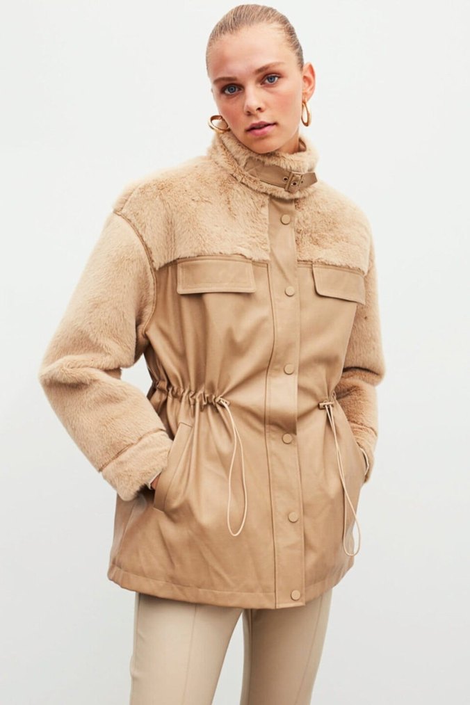 İpekyol Bej Kürklü Deri Kadın Mont - Görsel 4