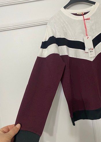 44 Beden Bordo Beyaz Renkli Triko Sweatshirt