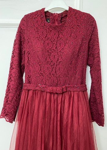 Bordo Uzun Kollu Vintage Abiye Elbise - Görsel 6