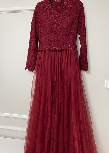 Bordo Uzun Kollu Vintage Abiye Elbise - Görsel 3