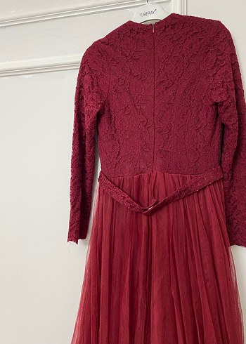 Bordo Uzun Kollu Vintage Abiye Elbise - Görsel 10