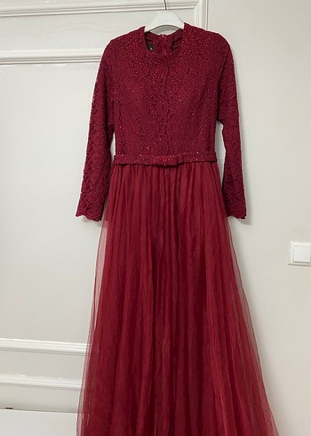 Bordo Uzun Kollu Vintage Abiye Elbise - Görsel 11