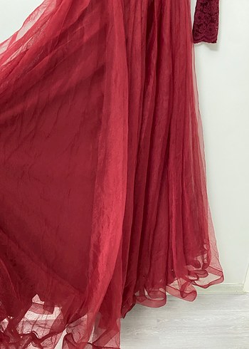 Bordo Uzun Kollu Vintage Abiye Elbise - Görsel 4