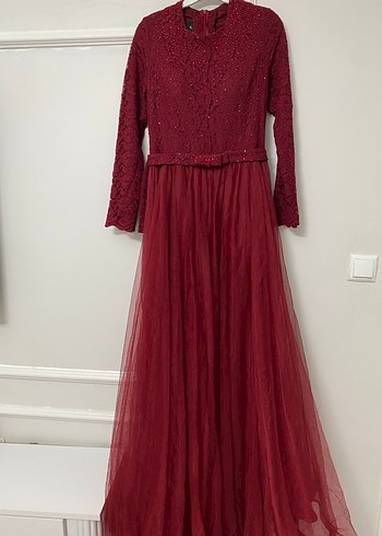 Bordo Uzun Kollu Vintage Abiye Elbise - Görsel 2