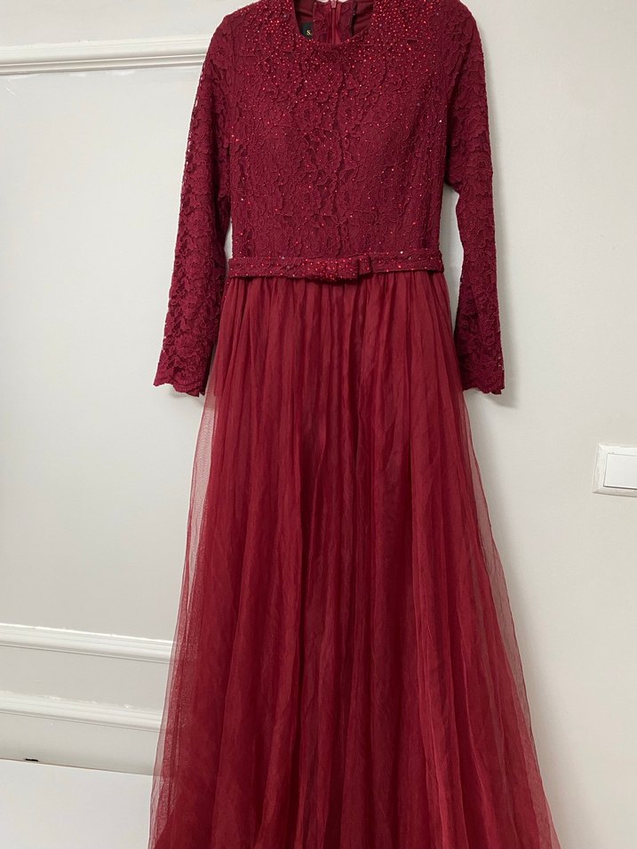 Bordo Uzun Kollu Vintage Abiye Elbise - Görsel 3