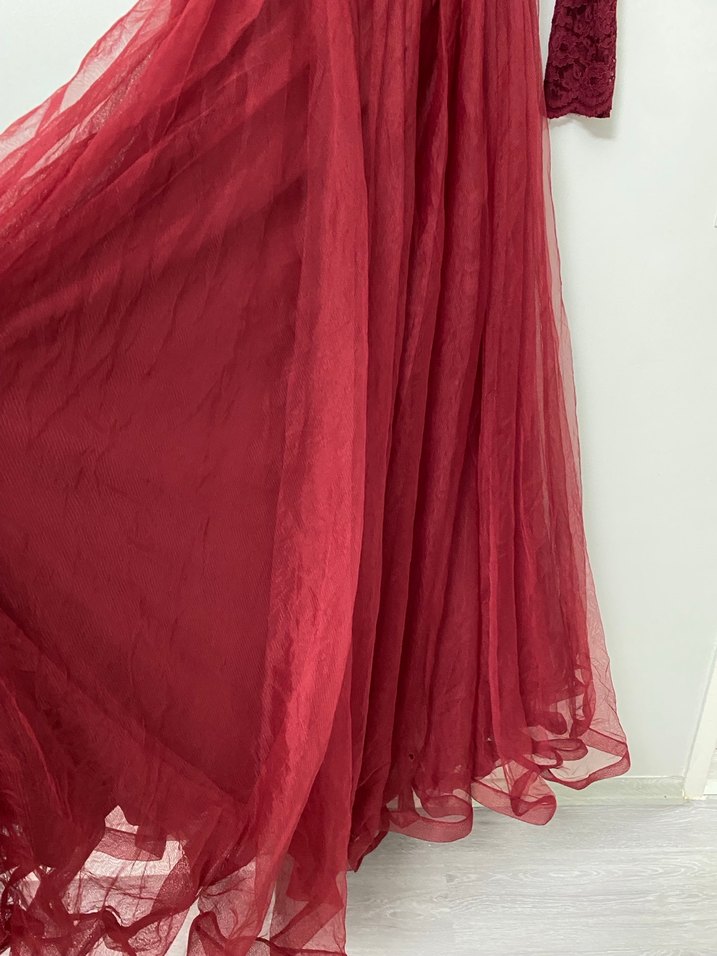 Bordo Uzun Kollu Vintage Abiye Elbise - Görsel 4