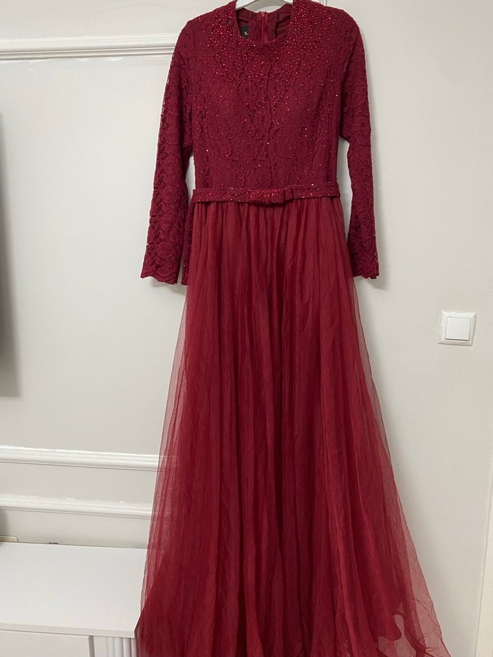 Bordo Uzun Kollu Vintage Abiye Elbise - Görsel 2