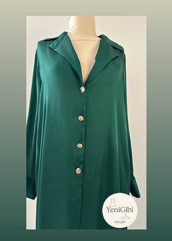 Düğmeli Yeşil Uzun Kadın Tunik - Görsel 3