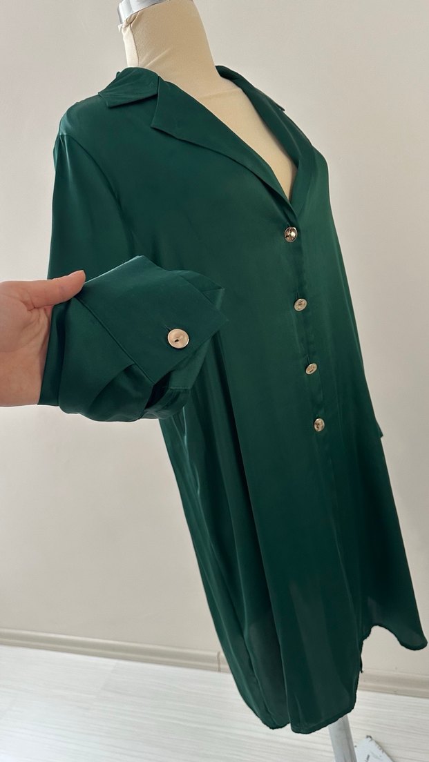 Düğmeli Yeşil Uzun Kadın Tunik - Görsel 5