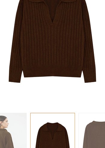 V Yaka Örgü Kahverengi Kadın Kazak - Görsel 7